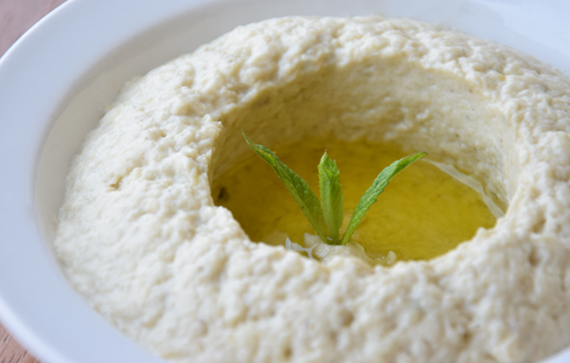 Image of Baba Ghannouj which is mashed eggplants from Clay's Lebanese Mezza menu