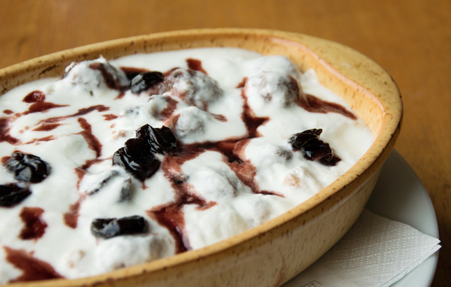 Image of greek yoghurt with cherry jam and meat balls from Clay's Lebanese Mezza menu