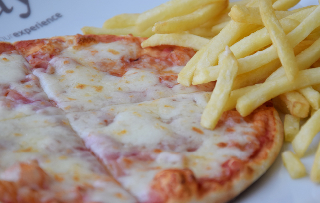 Image of Margherita pizza with fries from Clay restaurant's kids meal section of the menu
